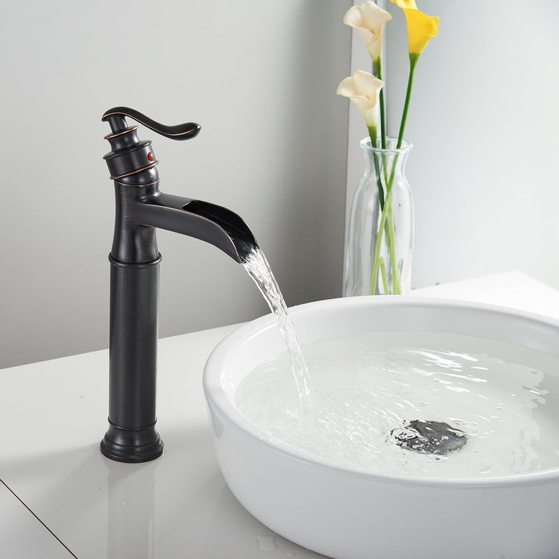 BATHFINESSE Oil Rubbed Bronze Deck Mount Faucet with Waterfall Flow, Low Lead Brass Construction, Easy Installation, Drain Assembly Included - Image 2